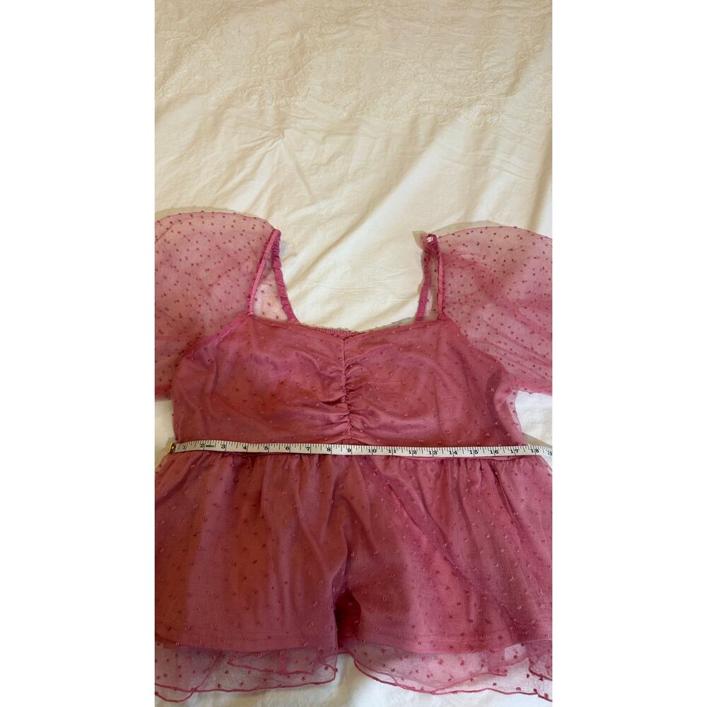 Arula Size A 1X 14/16 Pink Swiss Dot Mesh Puff Sleeve Babydoll Top - Picture 5 of 9
